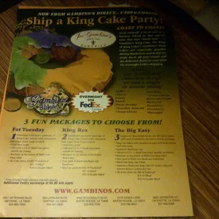 a menu for a king cake party