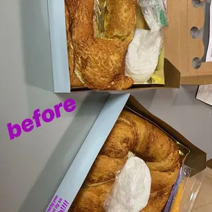 left is broken Bavarian cream-filled cake, right is perfect traditional cake