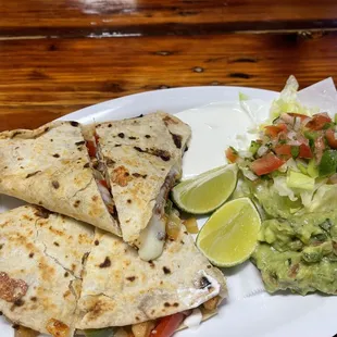 quesadilla, guacamole, and salad