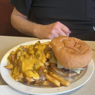 Double Bacon Cheese Burger with pepper Jack and chili Cheese Fries