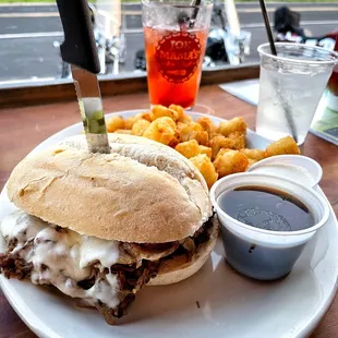 Prime Rib Dip ($11.95) with tots