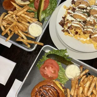 The classic burger &amp; fries, firecracker burger &amp; fries, and Chicken bacon ranch Mac!