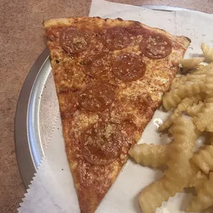 a slice of pizza and french fries