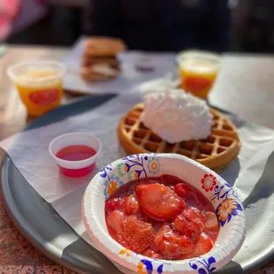Waffle with Strawberries, Syrup, and Whipped Cream (that tasted homemade)!
