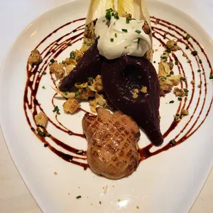 Poached Pear Salad with Foie Gras, Endive, Maytag Blue cheese, Pomegranate and walnut Vinaigrette