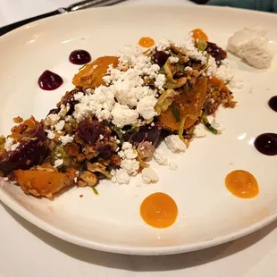 Baby Beet Salad with Shaved Brussels Sprouts, Puffed Farro, Sesame Almond Dukkah, Whipped Feta, White Balsamic Vinaigrette
