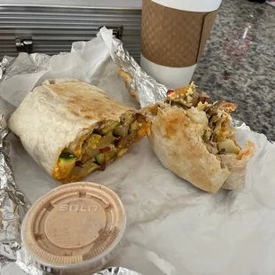 Breakfast Burrito and Hot Cappuccino The sauce they provide is amazing idk what it is but I need more
