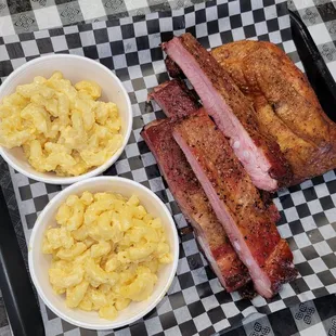 Two meat plate, with pork ribs and leg quarter and double mac and cheese