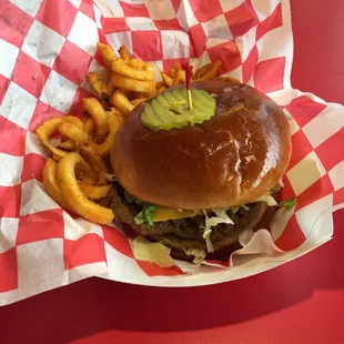 Cheeseburger combo with curly fries and drink $6.99