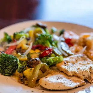 a plate of chicken and vegetables