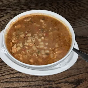 PASTA FAZOOL:     Pasta and beans in a light red garlic sauce, prosciutto and chicken upon request they're all made to order.