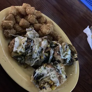 Open Faced Honey Garlic Vegtable Chicken. Delicious. Monday Special. Really flavorful and the tots are always on point.