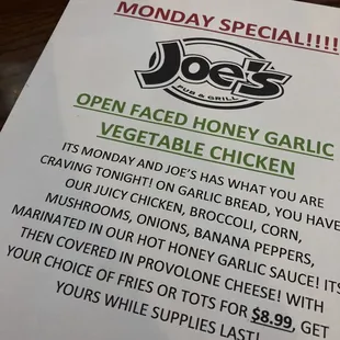 Monday special. Changes every week.