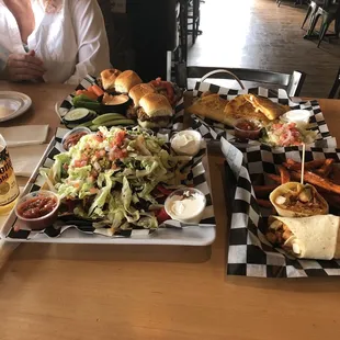 Nachos, chicken sliders, chicken quesadilla, Buffalo chicken wrap.