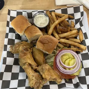 Sliders and chicken wings.