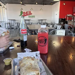 Carne asada burrito , watermelon auga Fresca , polo burrito