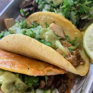 Regular chicken taco, asada toasted tacos and asada vampiro