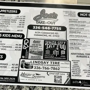 Joe's full menu.