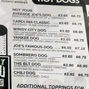 Joe's Hot Dog selection