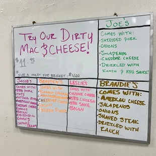 Dirty Mac and cheese menu