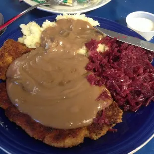 Jaeger schnitzel, red cabbage, &amp; mashed potatoes