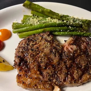 The 8oz Delmonico steak with Parmesan asparagus