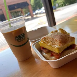 Ham, egg and cheese on biscuit. 5!!!! Also pictured: toasted coconut latte, pretty good!