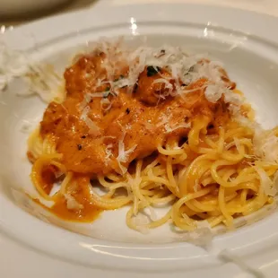 Complimentary pasta app: Cappellini w/ vodka sauce