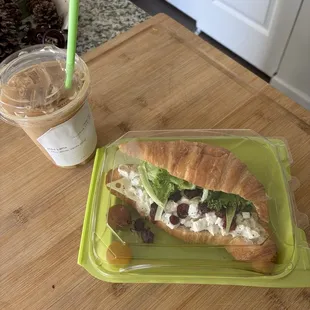 Chicken salad croissant sandwich &amp; an iced latte
