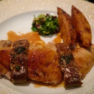 La Pintade Fermiere - Whole roasted Guinea hen w/ whole foie - Part 1 (breast and foie w/ herb salad and roasted potatoes)