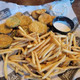 Fried pickles and shoestring potatoes