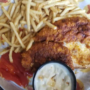 Fire in da Hole Chicken tenders and skinny crisp fries.
