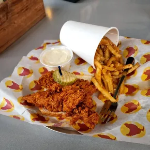 Jumbo Tenders, fried, in Ella's favorite sauce with fries and Bama white sauce.