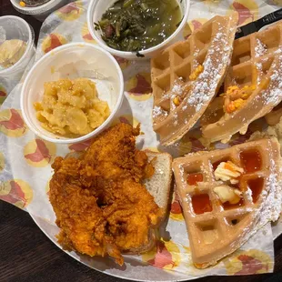Chicken and 2 Jumbo Tenders &amp; Waffles Creamy Mac &amp; Cheese Collard Greens with Bacon
