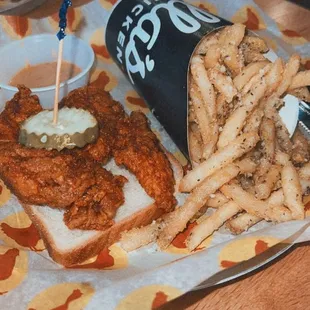 Lunch Special: Two Ella&apos;s Fav Fried Tenders, Parmesan Garlic Fries (my fav!), and the JoJo Sauce.