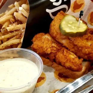 Hot chicken, parmesan fries, and ranch dipping sauce