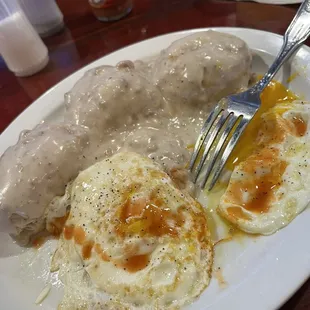Biscuit and gravy and eggs