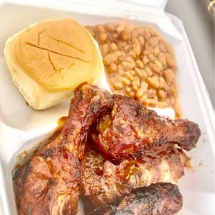 Chicken, link, beans, roll.