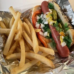 Chi-dog with extra wrong condiment. Relish. Fries were limp and awful but delivery could be a factor??