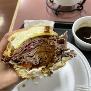 Joe's Special w/ some au jus - thinly sliced roast beef and pastrami.  Added mayo, mustard, provolone, lettuce, tomatoes, onions.