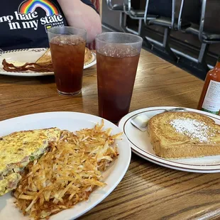 Benson Omelet, hash browns extra crispy and French toast