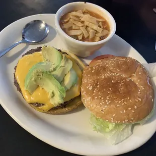Avocado Cheeseburger with Chicken Tortilla Soup