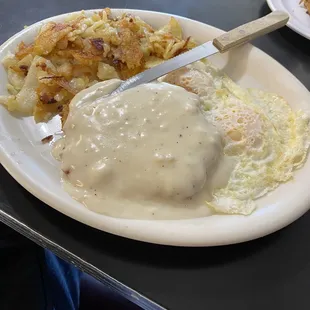 Chicken, fried steak, and eggs