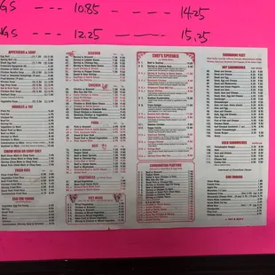 a menu on a pink board