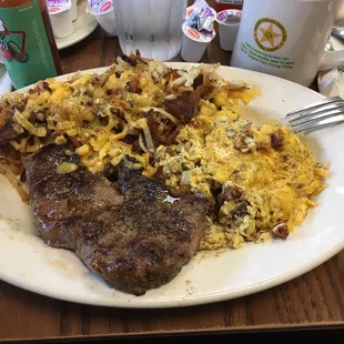 Try the ny steak with eggs and hash browns try them Kansas City style omg