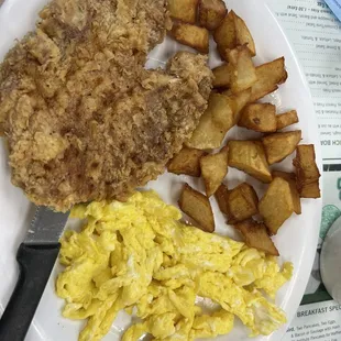 Fried pork chop breakfast