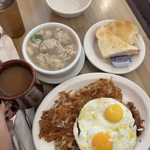 Wontons and corn beef hash