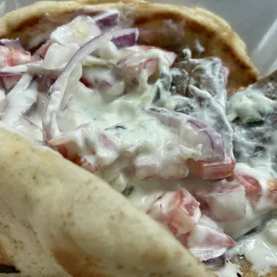 Another view of the yogurt-sauce drowned gyros sandwich.