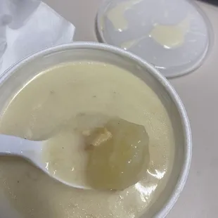 Clam chowder. Only like one solid in the bowl.