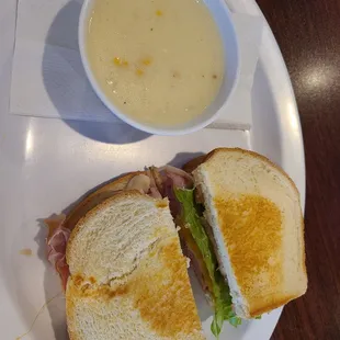 Corn chowder and sandwich special